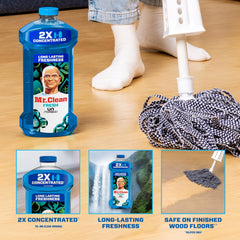Mr. Clean 2X concentrate pour, suitable for safe wood floor cleaning when diluted.