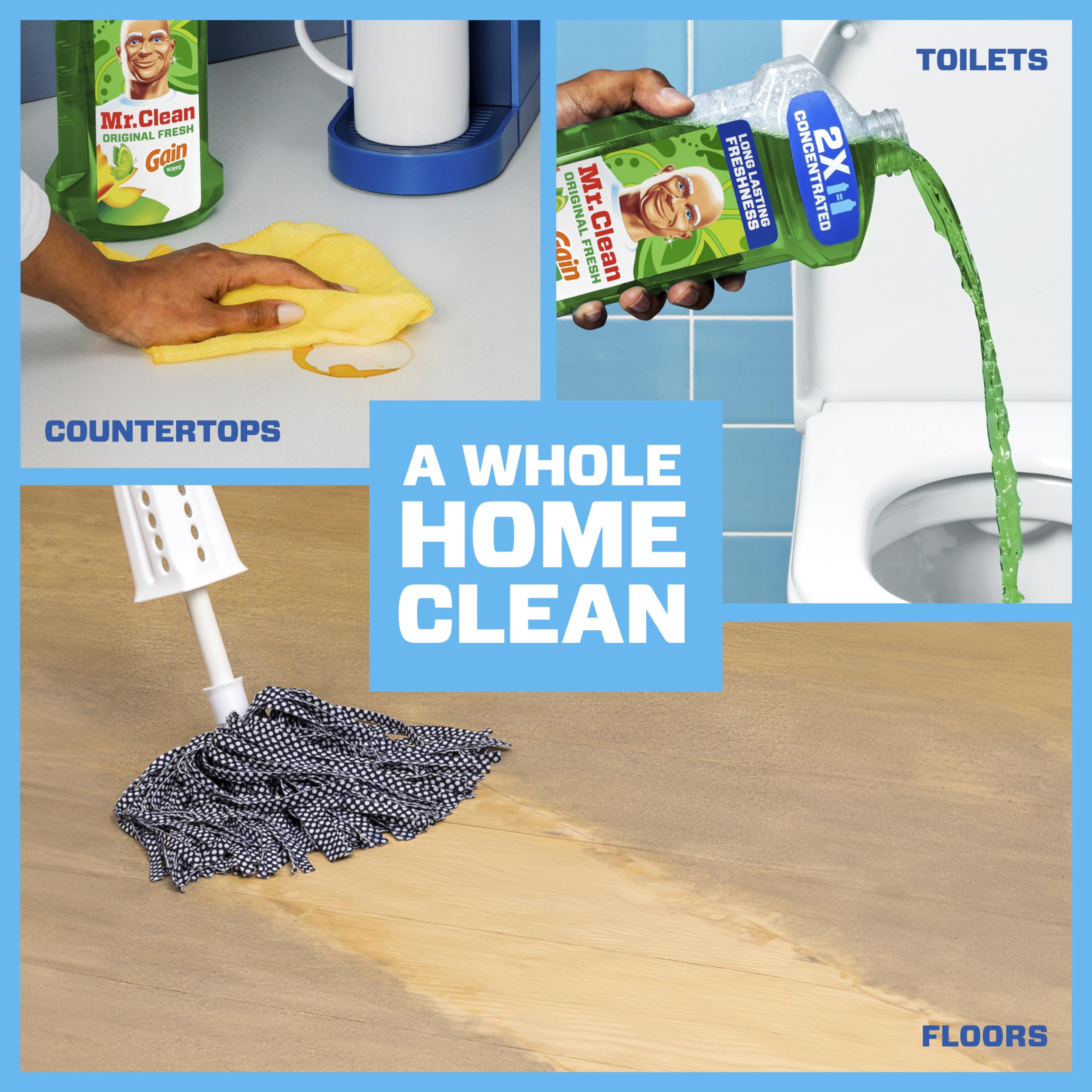 Mr. Clean bathroom cleaner tackles toilets, sinks, and tubs with a fresh Gain scent.