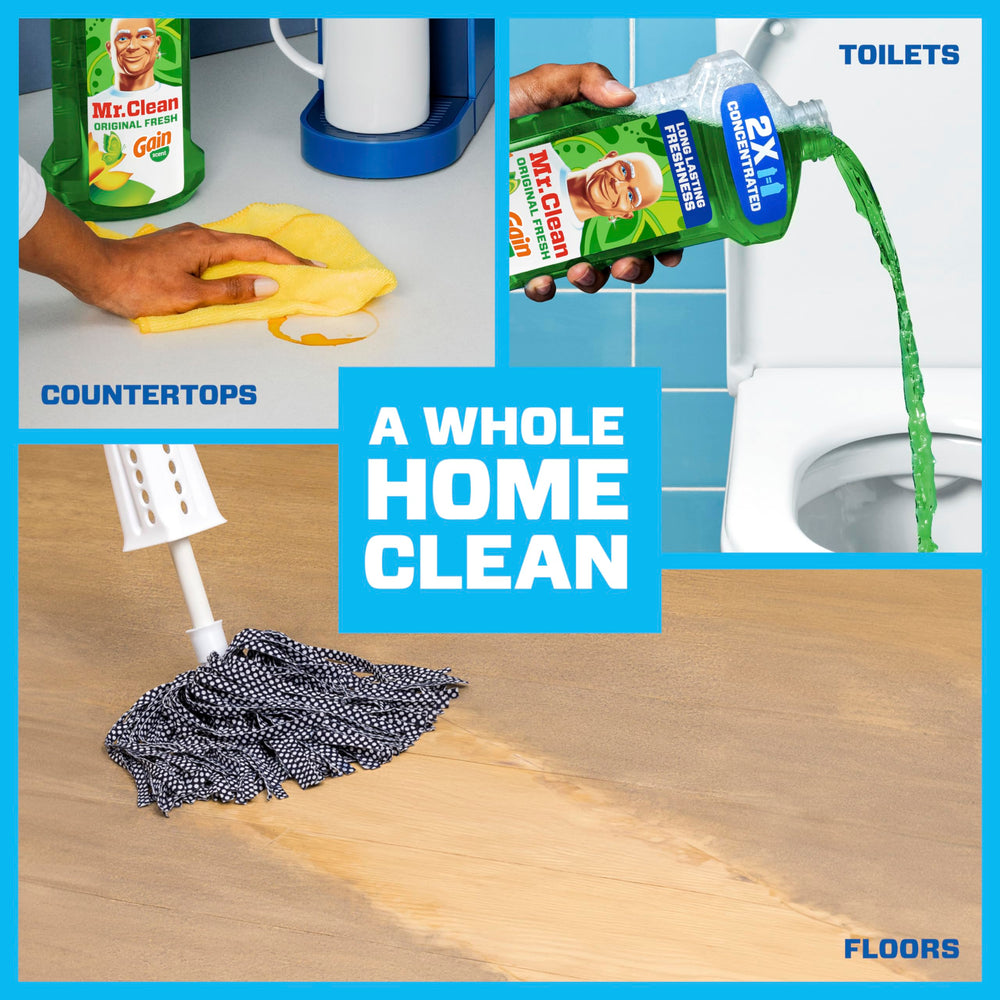 Mr. Clean bathroom cleaner tackles toilets, sinks, and tubs with a fresh Gain scent.