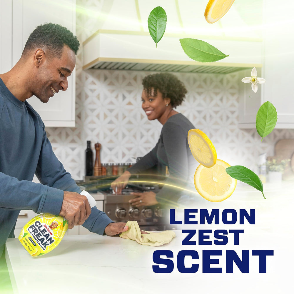 Mr. Clean Clean Freak cleans kitchen surfaces and backsplashes effectively.