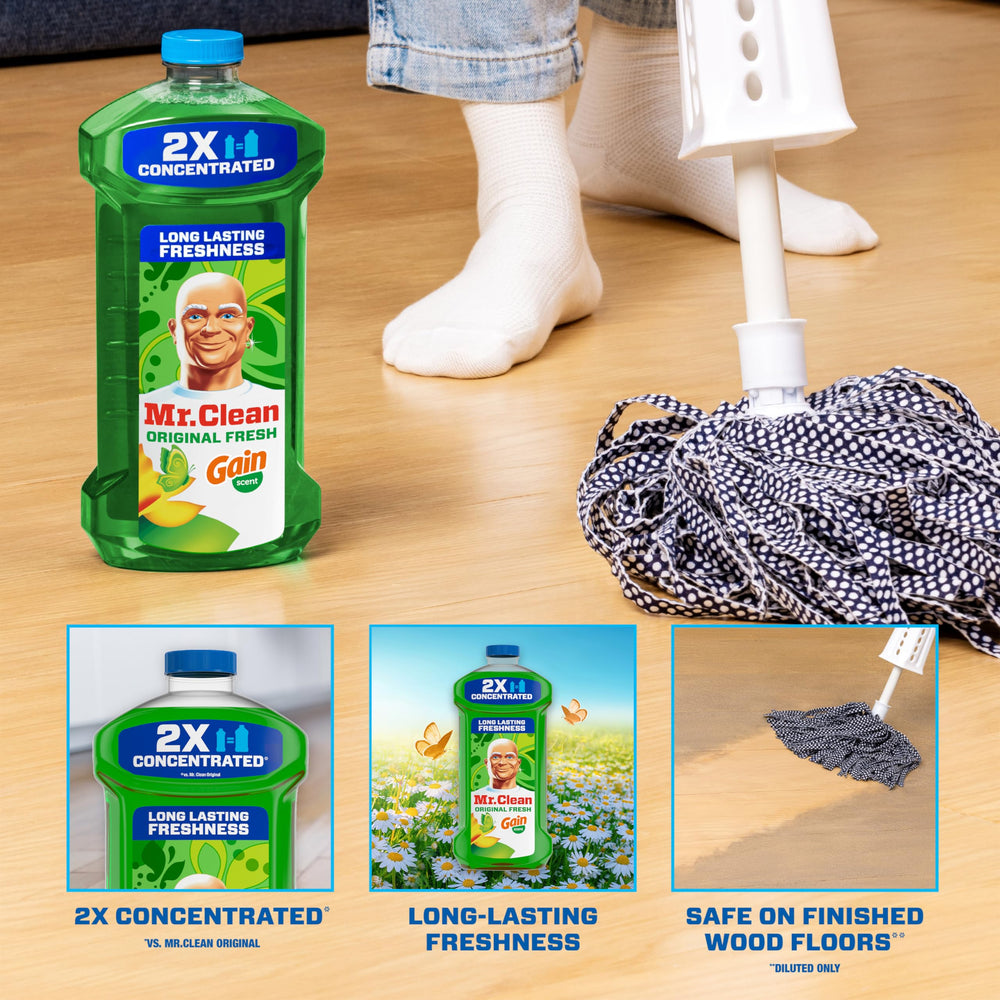 Mr. Clean floor cleaner for mopping cleans tile, linoleum, and wood floors effectively.