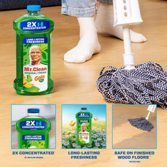 Mr. Clean floor cleaner for mopping cleans tile, linoleum, and wood floors effectively.