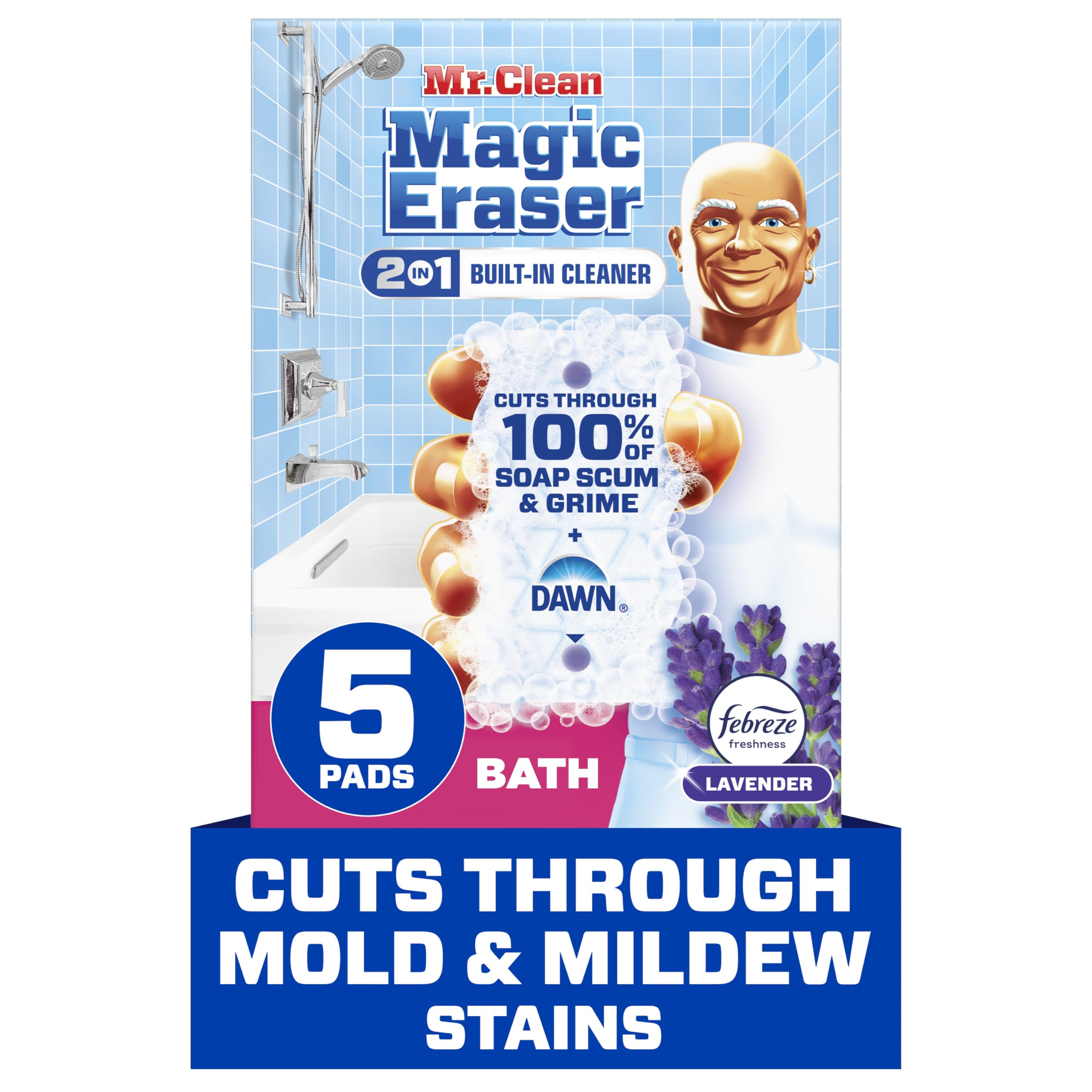 Mr. Clean Magic Eraser Ultra Bath removes soap scum from shower surfaces.