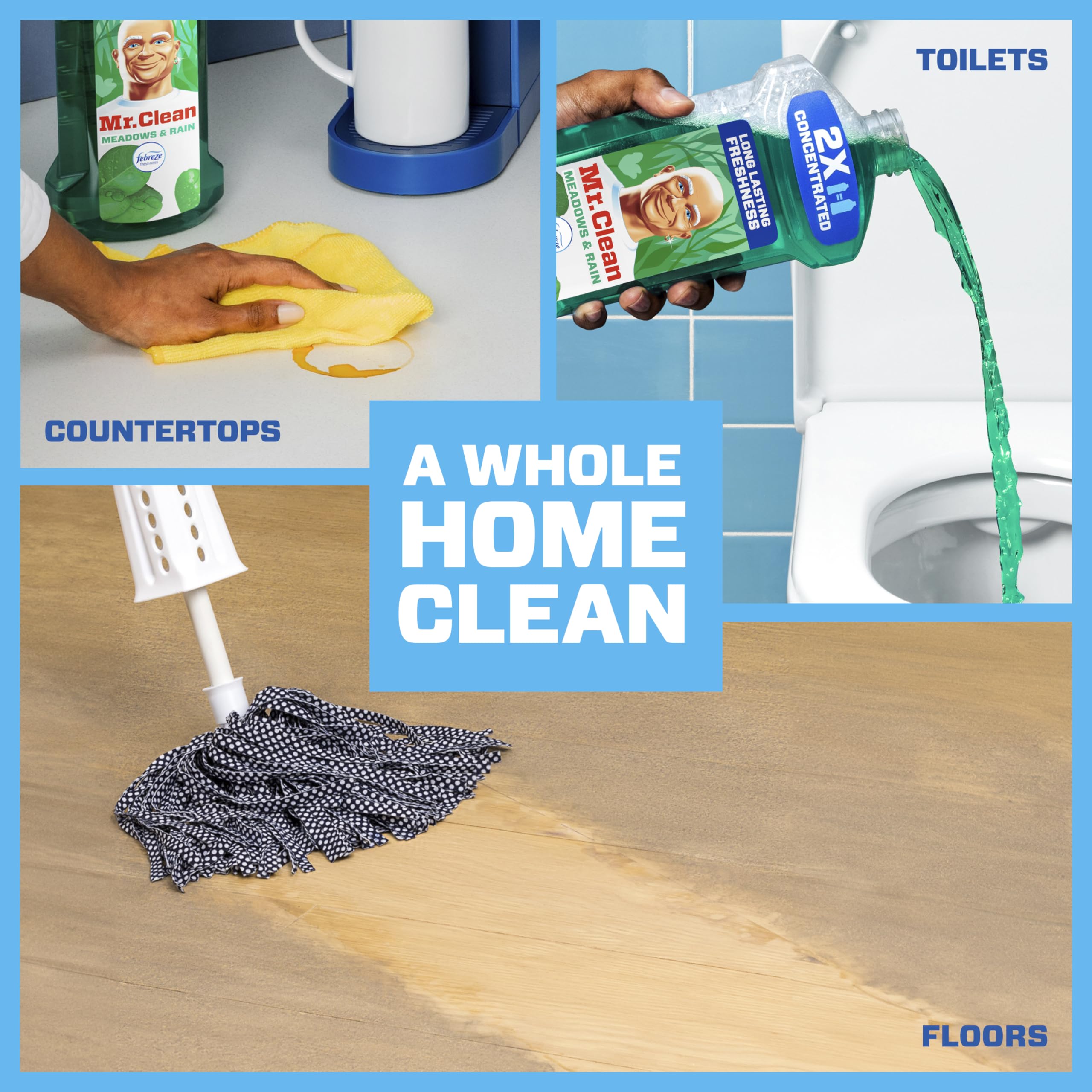 Mr. Clean Meadows & Rain bathroom cleaner tackling toilets and floors with fresh scent.