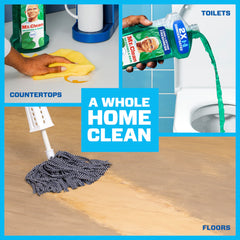 Mr. Clean Meadows & Rain bathroom cleaner tackling toilets and floors with fresh scent.