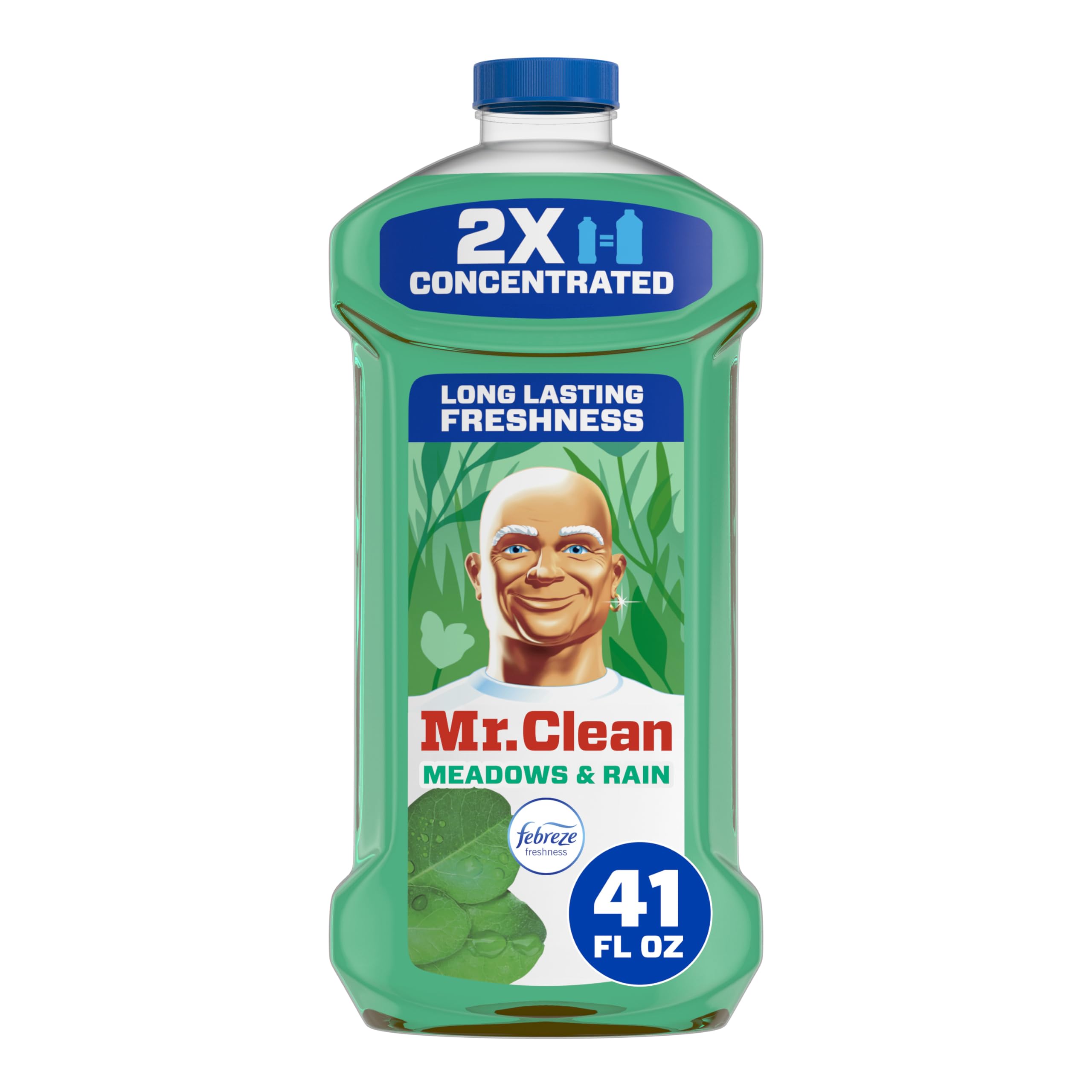 Mr. Clean Meadows & Rain bottle pour showing 2X concentrated formula for easy dilution.