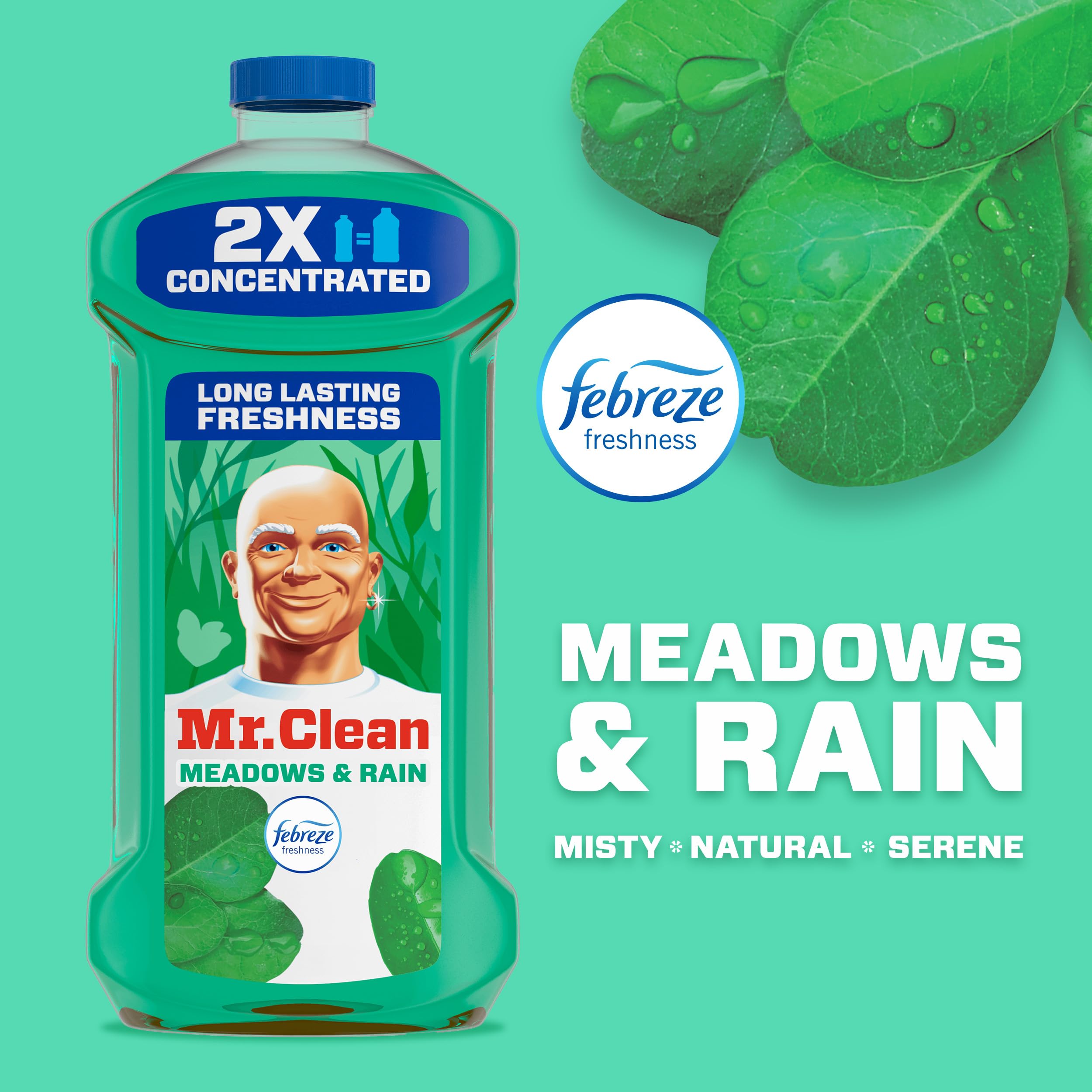 Mr. Clean Meadows & Rain kitchen surfaces clean countertops and sinks shine.