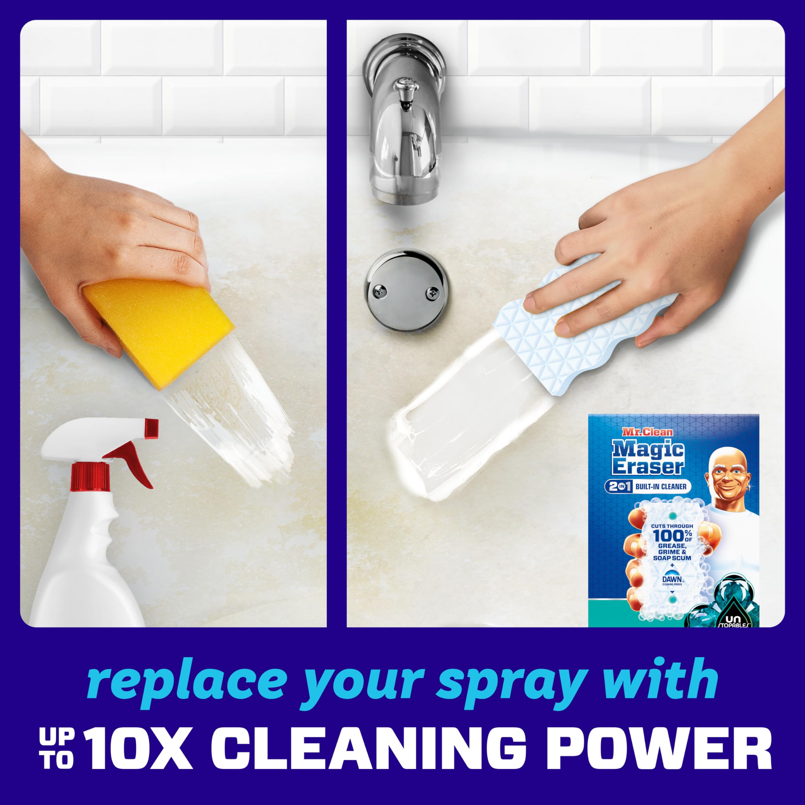 Mr. Clean Ultra Foamy 2in1 eraser with Dawn power on a greasy surface.