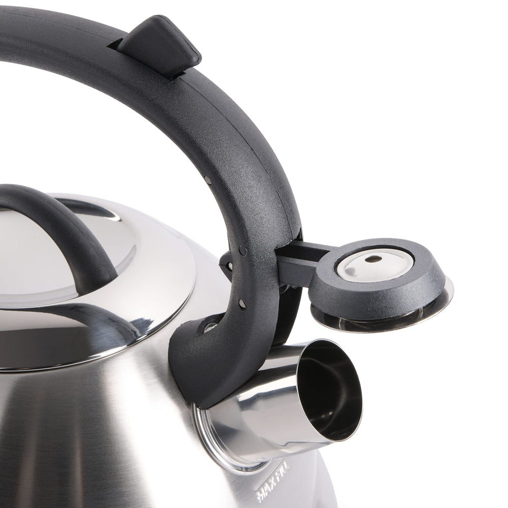 Kettle features a mirror base and lid for a sleek look.