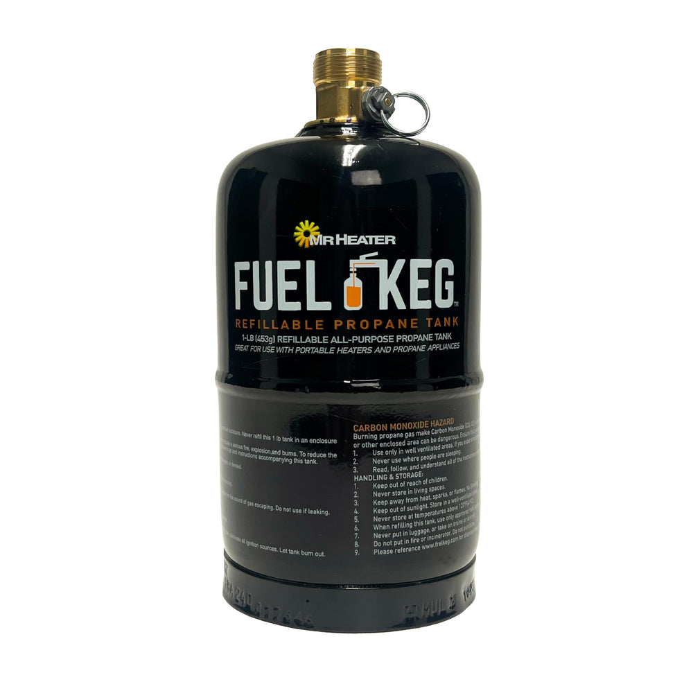 Mr. Heater Fuel Keg 1lb tank close up highlights durable, refillable design for portability.