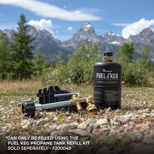 Mr. Heater Fuel Keg 1lb tank filling action demonstrates quick, tool-free operation.
