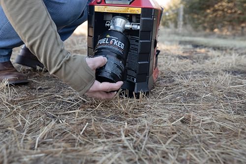 Mr. Heater Fuel Keg 1lb tank in hand shows portability for outdoor use.