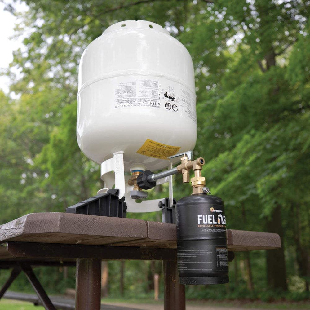 Mr. Heater Fuel Keg 1lb tank with refill kit shows compatibility.