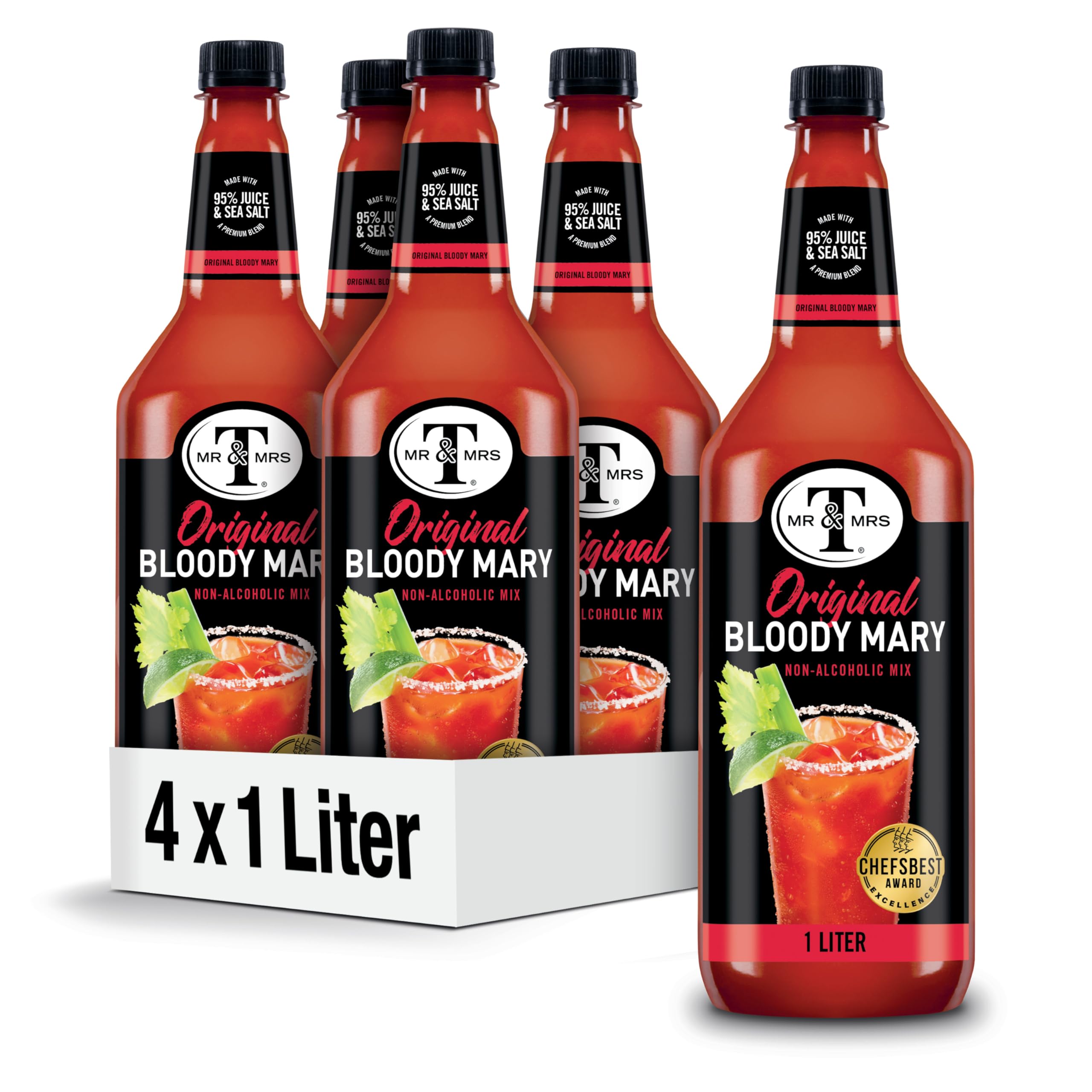 Mr and Mrs T Original Bloody Mary bottle front showcases premium ingredients for a rich, flavorful mix.