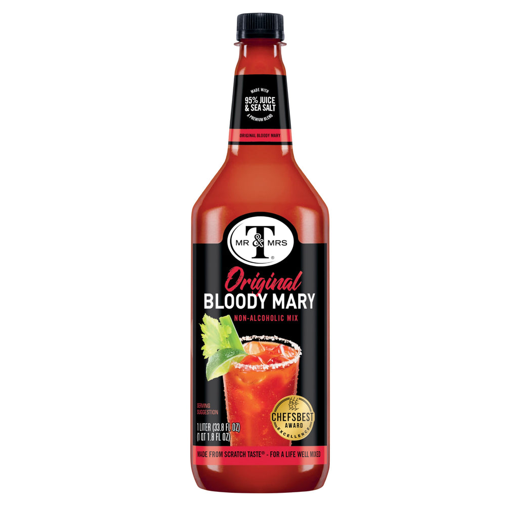 Mr and Mrs T Original Bloody Mary empty bottle suggests reuse for mocktails.