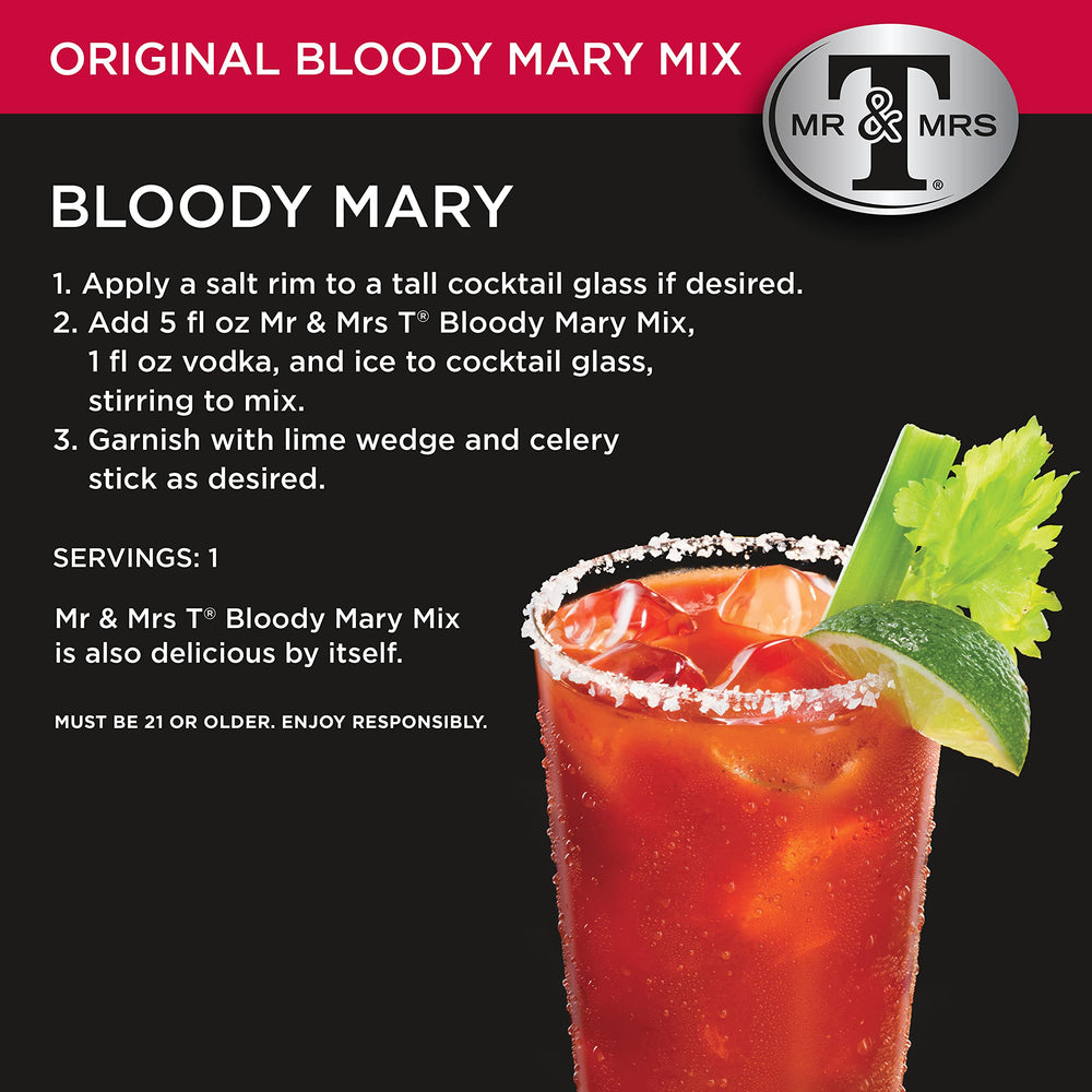 Mr and Mrs T Original Bloody Mary ingredients close-up emphasizes tomatoes and lemon notes.