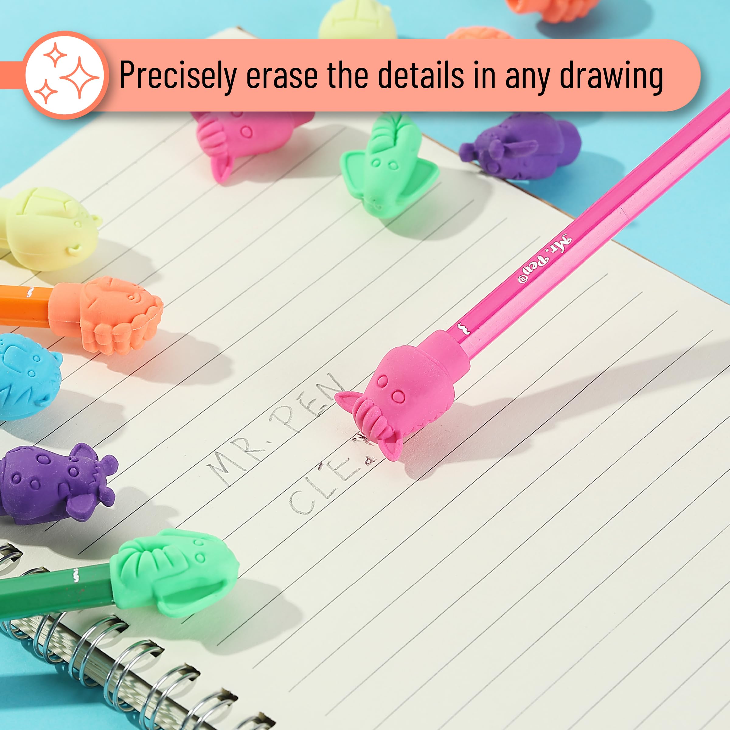 Mr. Pen Animal pencil top eraser cat design; colorful, kid-friendly accessory