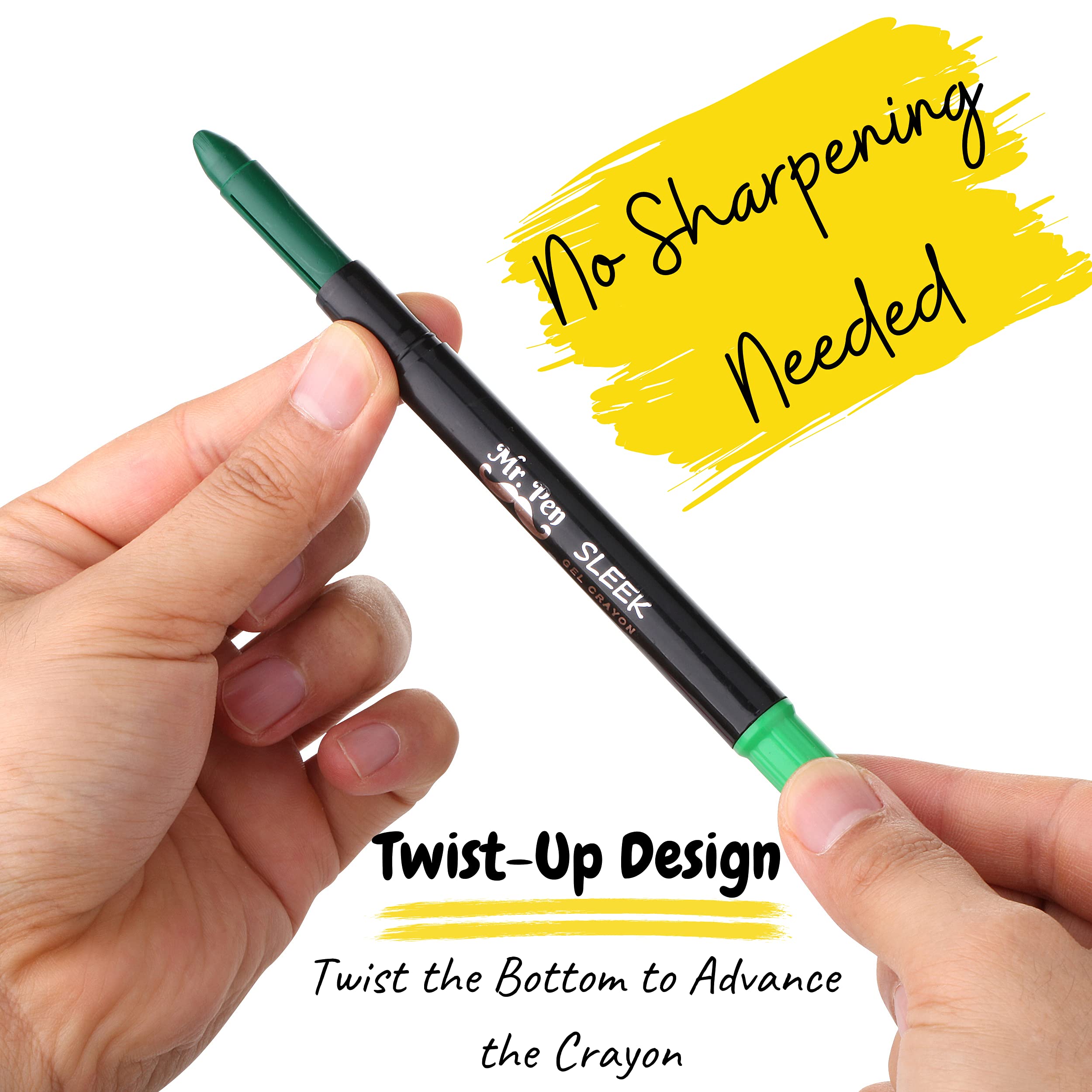 Mr. Pen Gel Crayons twistable top means no sharpening needed.
