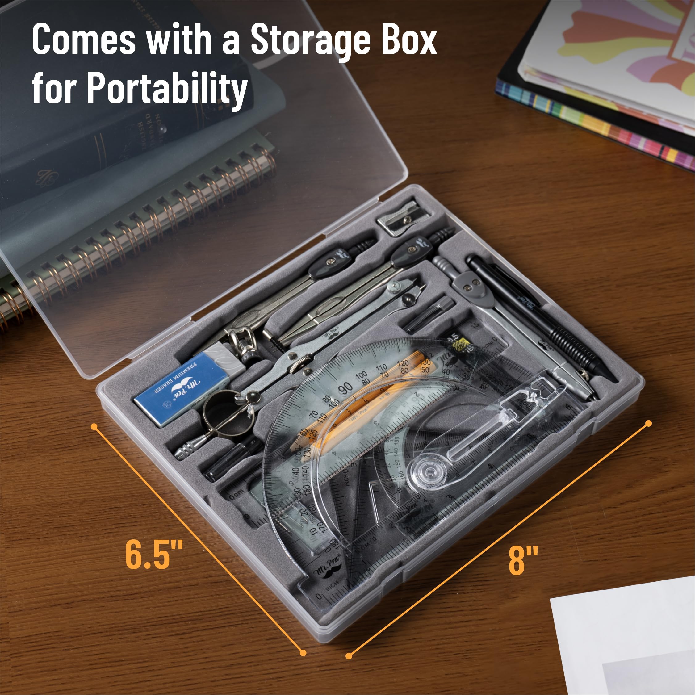 Mr. Pen set squares and ruler aid precise geometry and measurement.