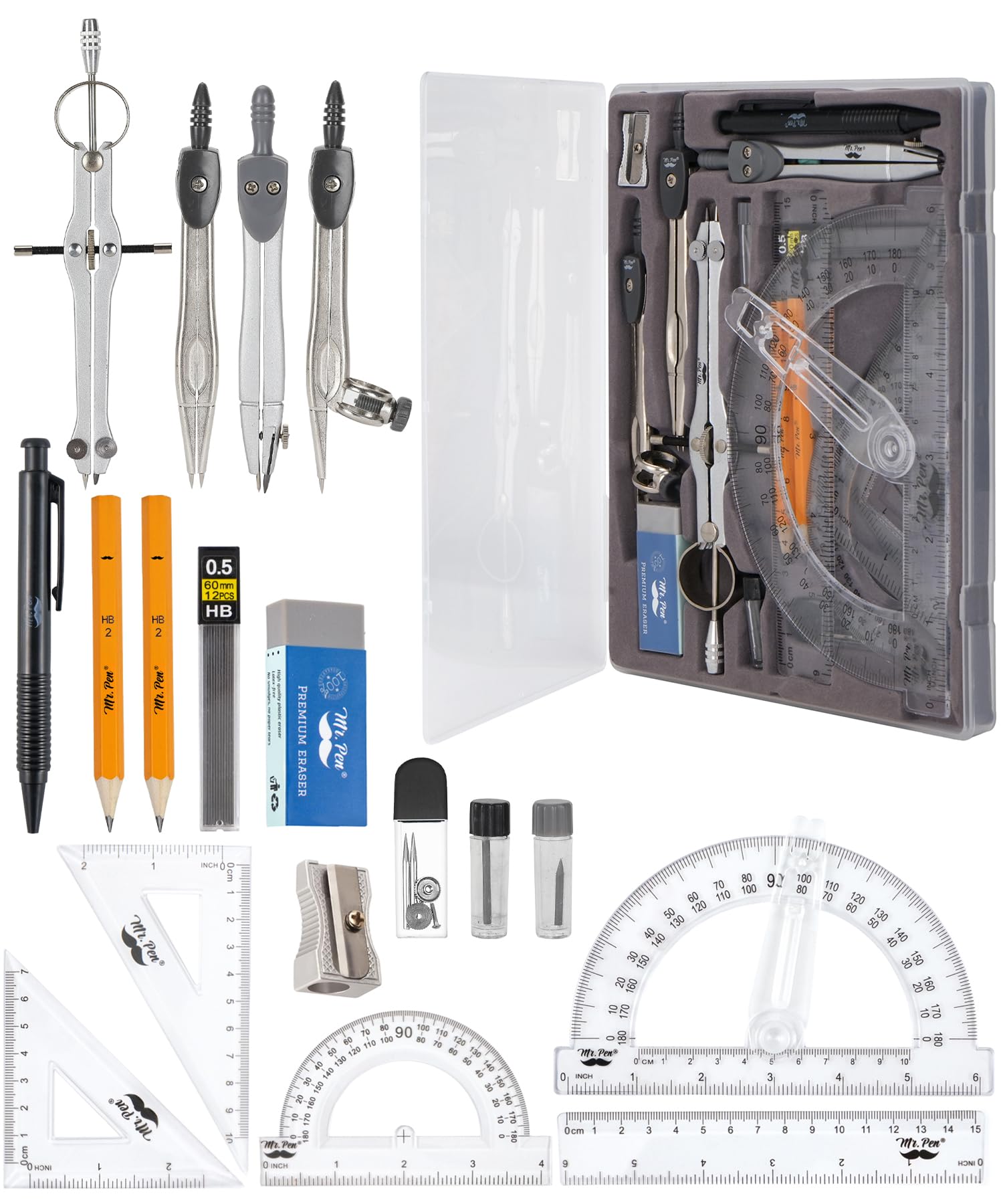 Mr. Pen geometry set with swing-arm protractor for precise angle work.