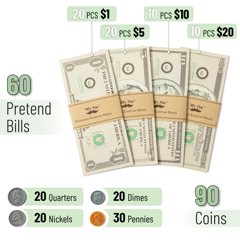 Mr. Pen pretend money bills two-sided for realistic play and flexible learning activities