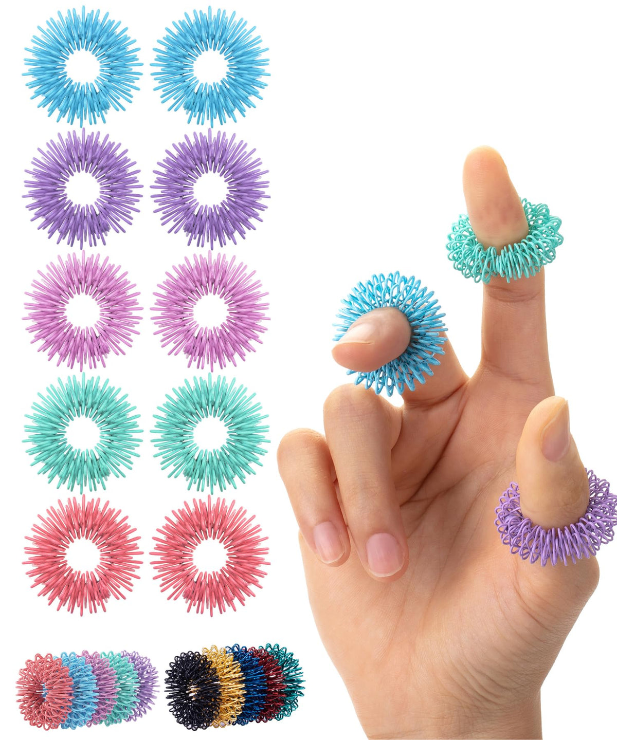 Mr. Pen spiky rings in pastel colors, close-up texture for focus.