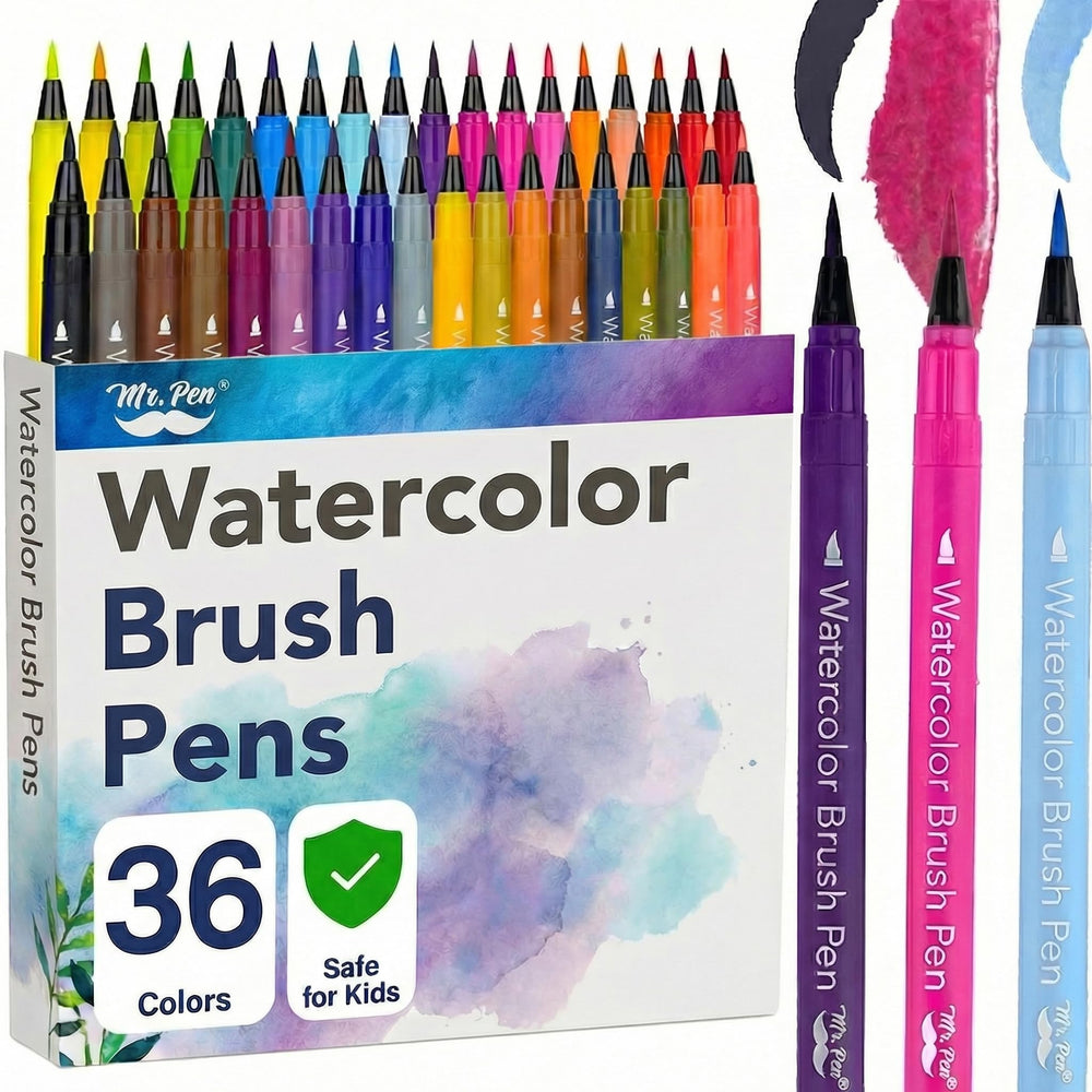 Mr. Pen 36 pack watercolor brush pen swatches show vibrant gradients for shading