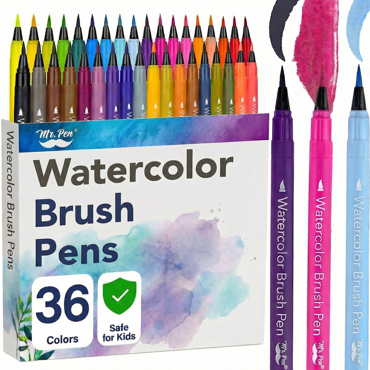 Mr. Pen 36 pack watercolor brush pen swatches show vibrant gradients for shading