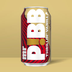 Mr Pibb Thrillin' Vanilla can close-up with durable aluminum finish