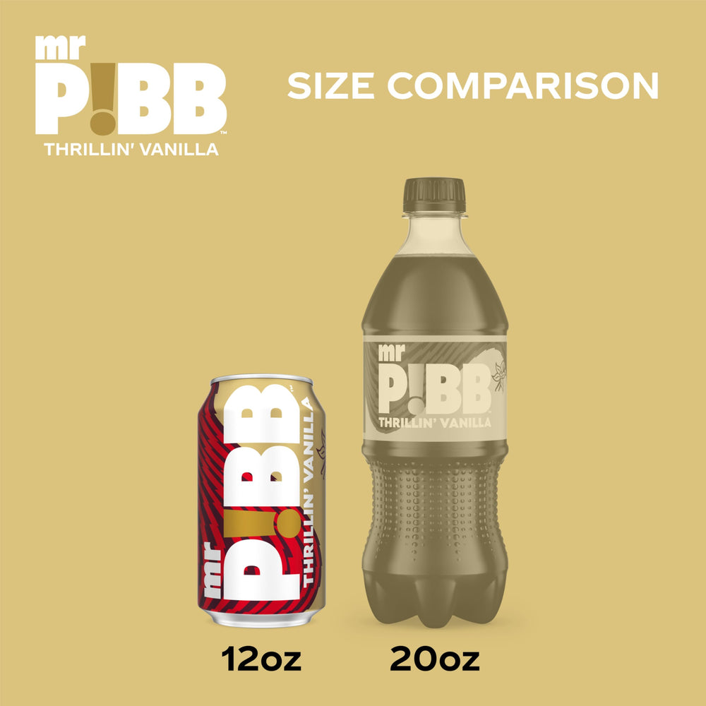 Mr Pibb Thrillin' Vanilla can beside a glass with ice