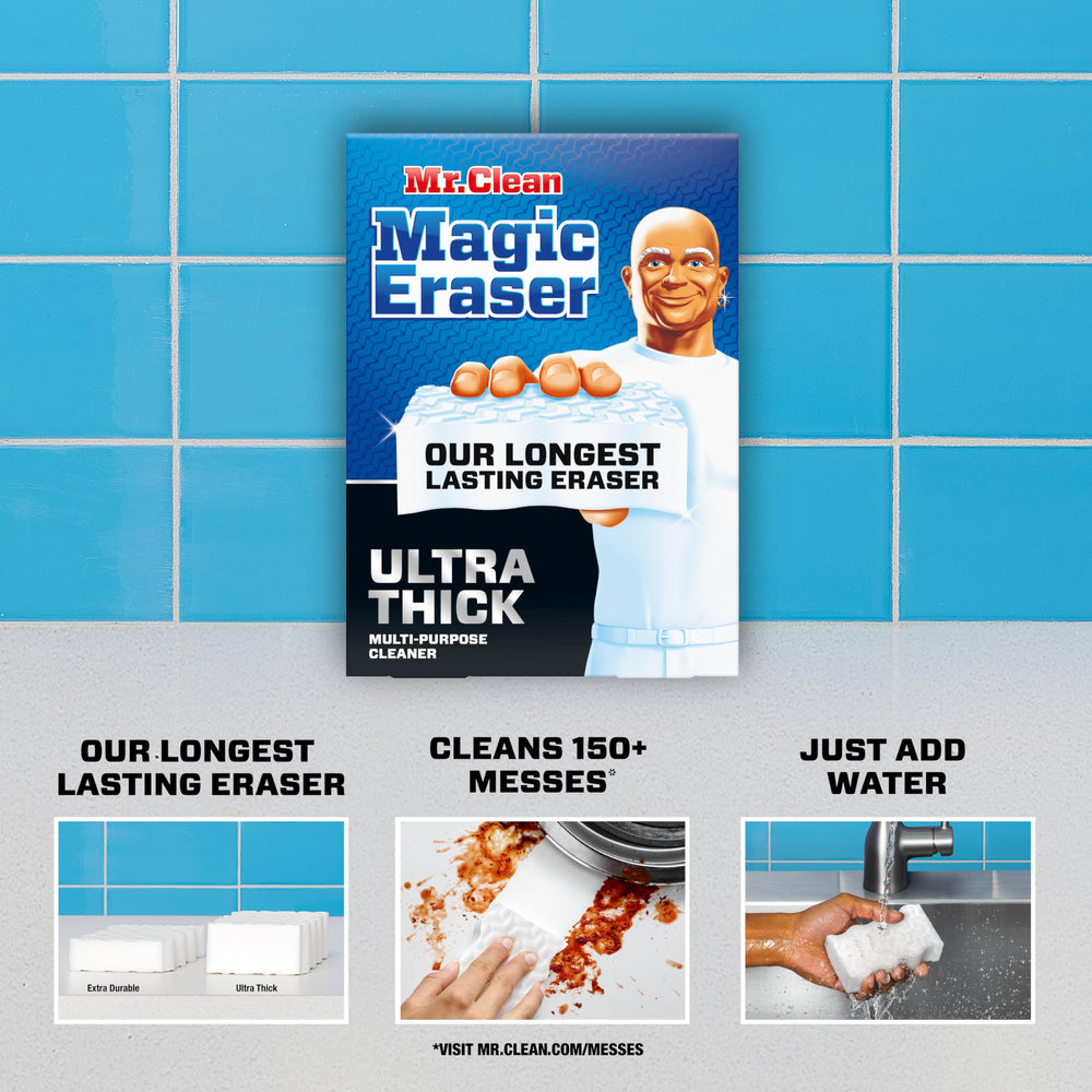 Mr. Clean Magic Eraser Ultra Thick used on bathroom soap scum to refresh surfaces