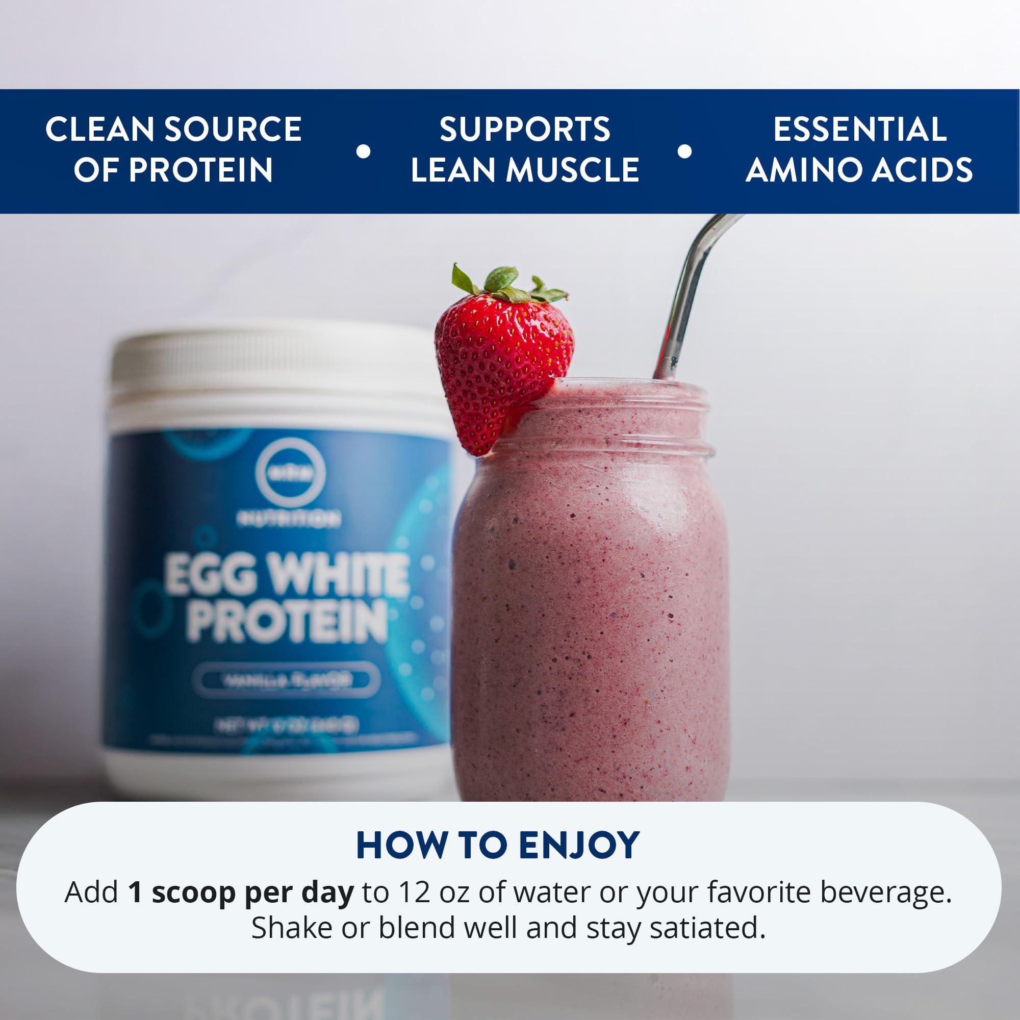MRM egg white protein vanilla bottle close-up emphasizes digestive enzymes.
