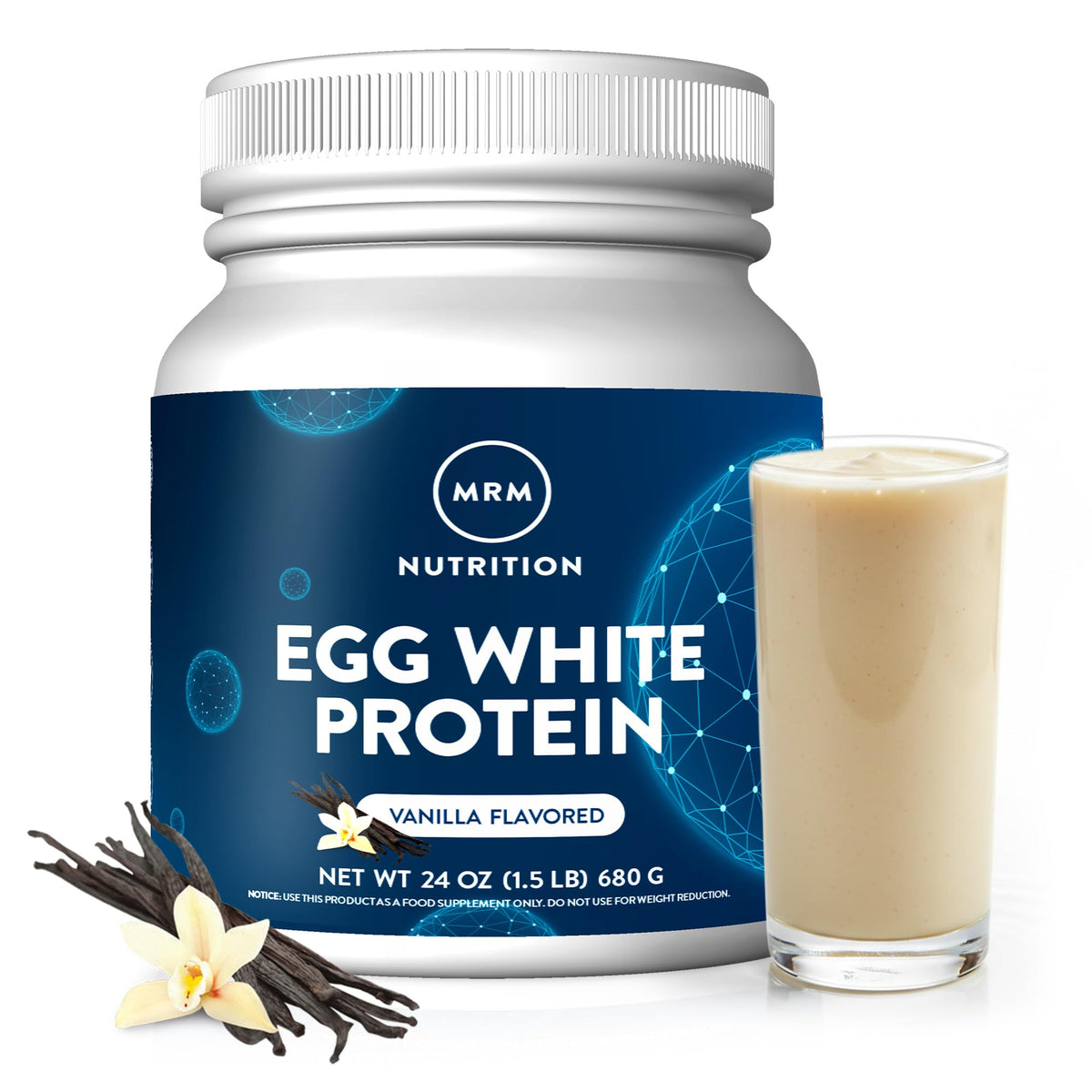 MRM egg white protein vanilla packaging highlights dairy-free, high-protein nutrition.
