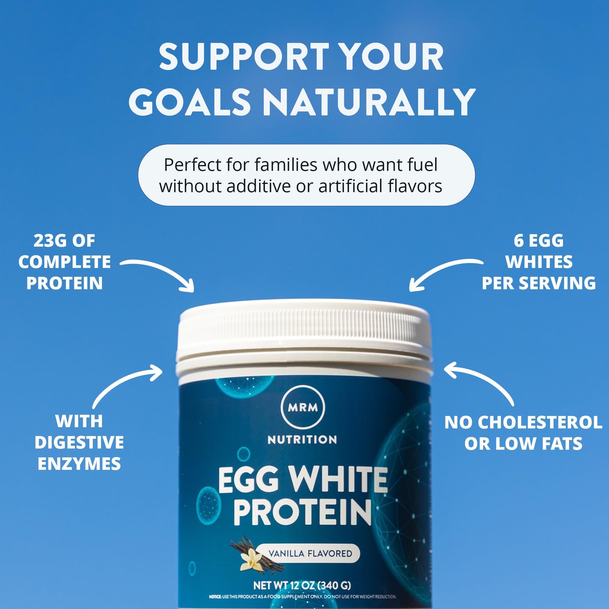 MRM egg white protein sugar free vanilla scoop beside jar for daily use.