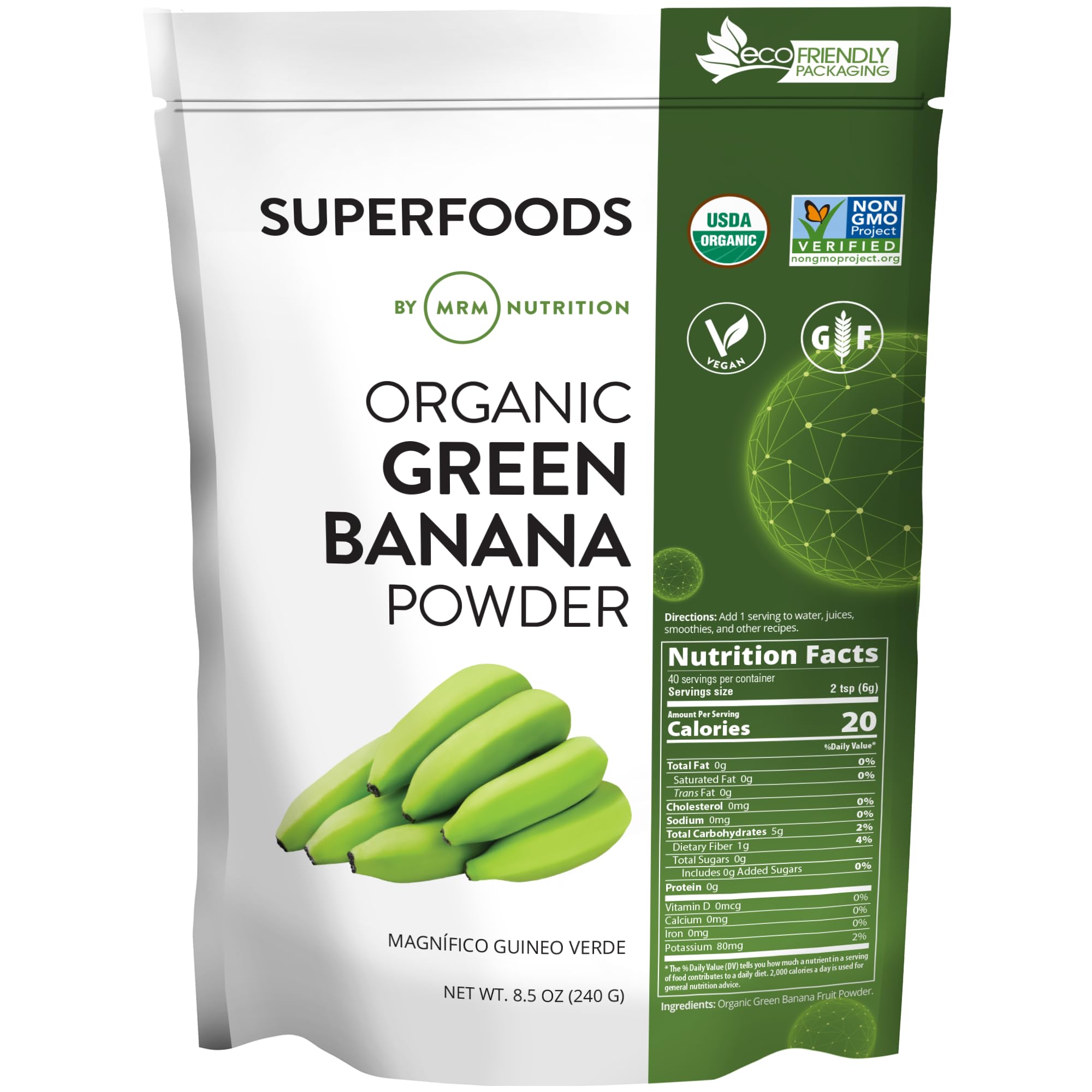 MRM Green Banana Powder bottle highlighting organic prebiotic fiber for daily use.
