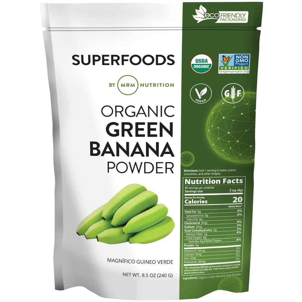 MRM Green Banana Powder bottle highlighting organic prebiotic fiber for daily use.