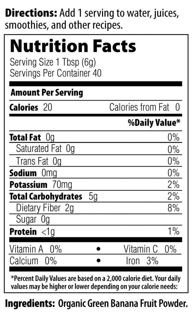 MRM Green Banana Powder ingredients label shows gluten-free vegan non-GMO quality.
