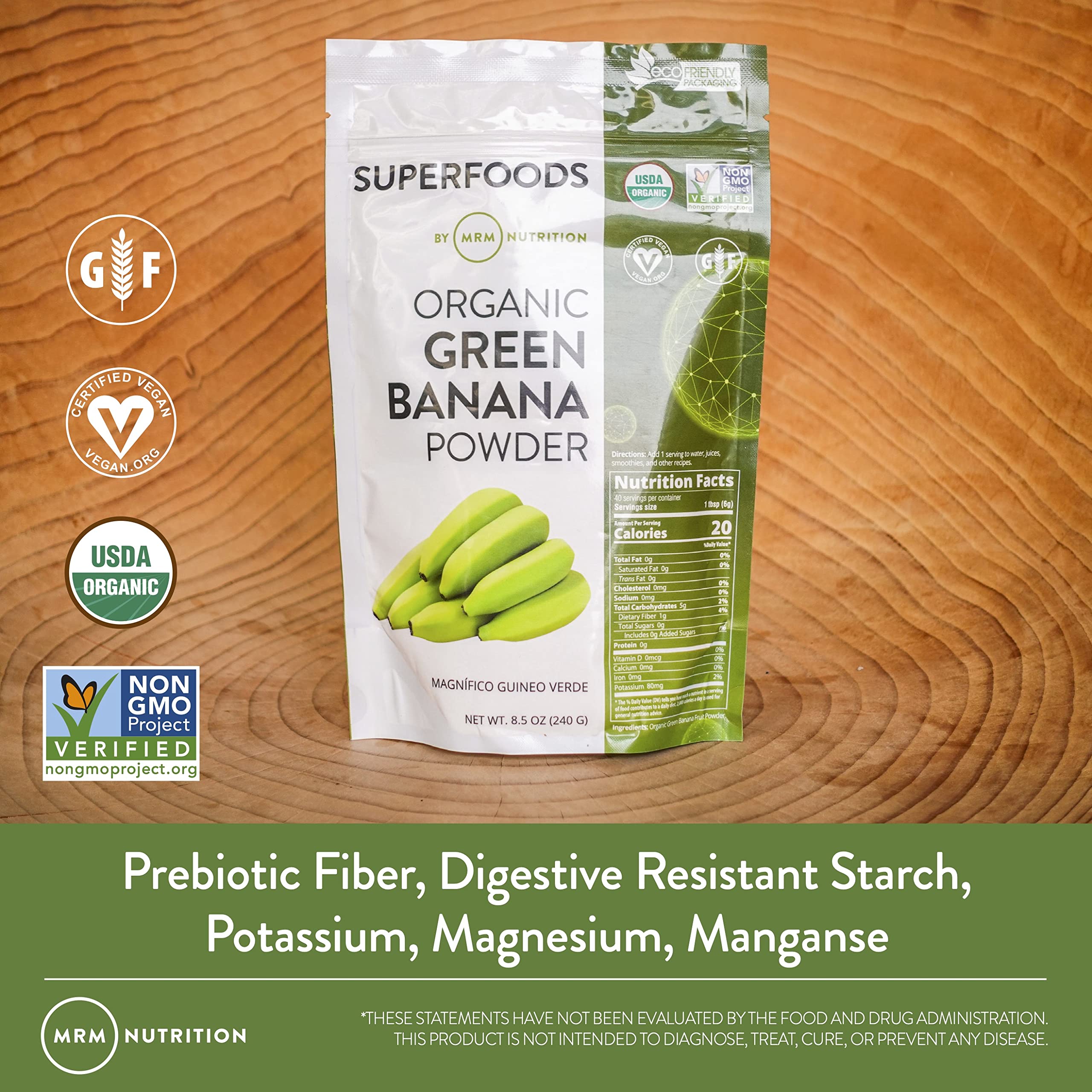 MRM Green Banana Powder in a smoothie illustrates a high-fiber flour alternative.