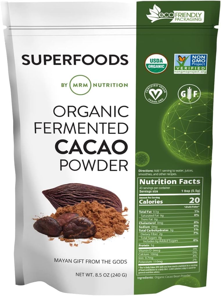 MRM Organic Fermented Cacao Powder jar shows antioxidant-rich flavor potential
