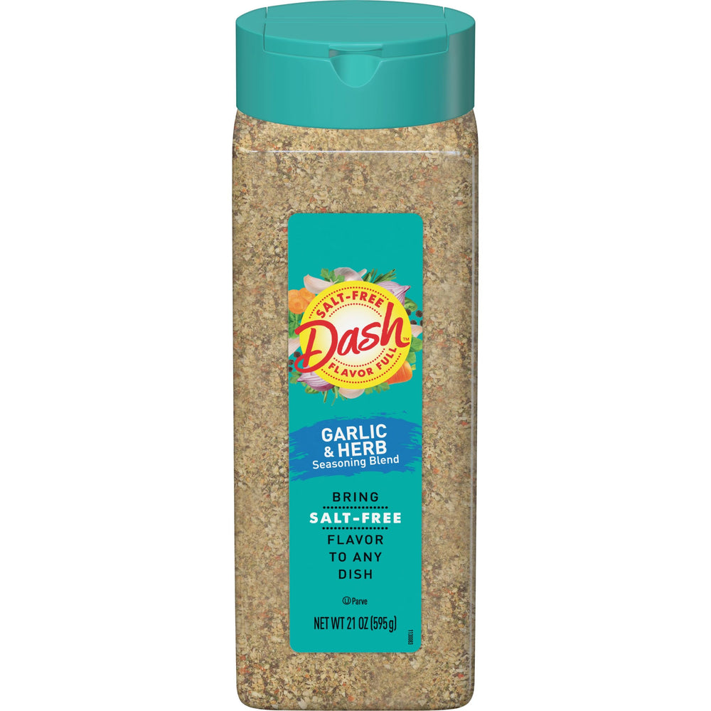 Mrs. Dash Garlic Herb seasoning bottle boosts flavor without salt for healthier meals.