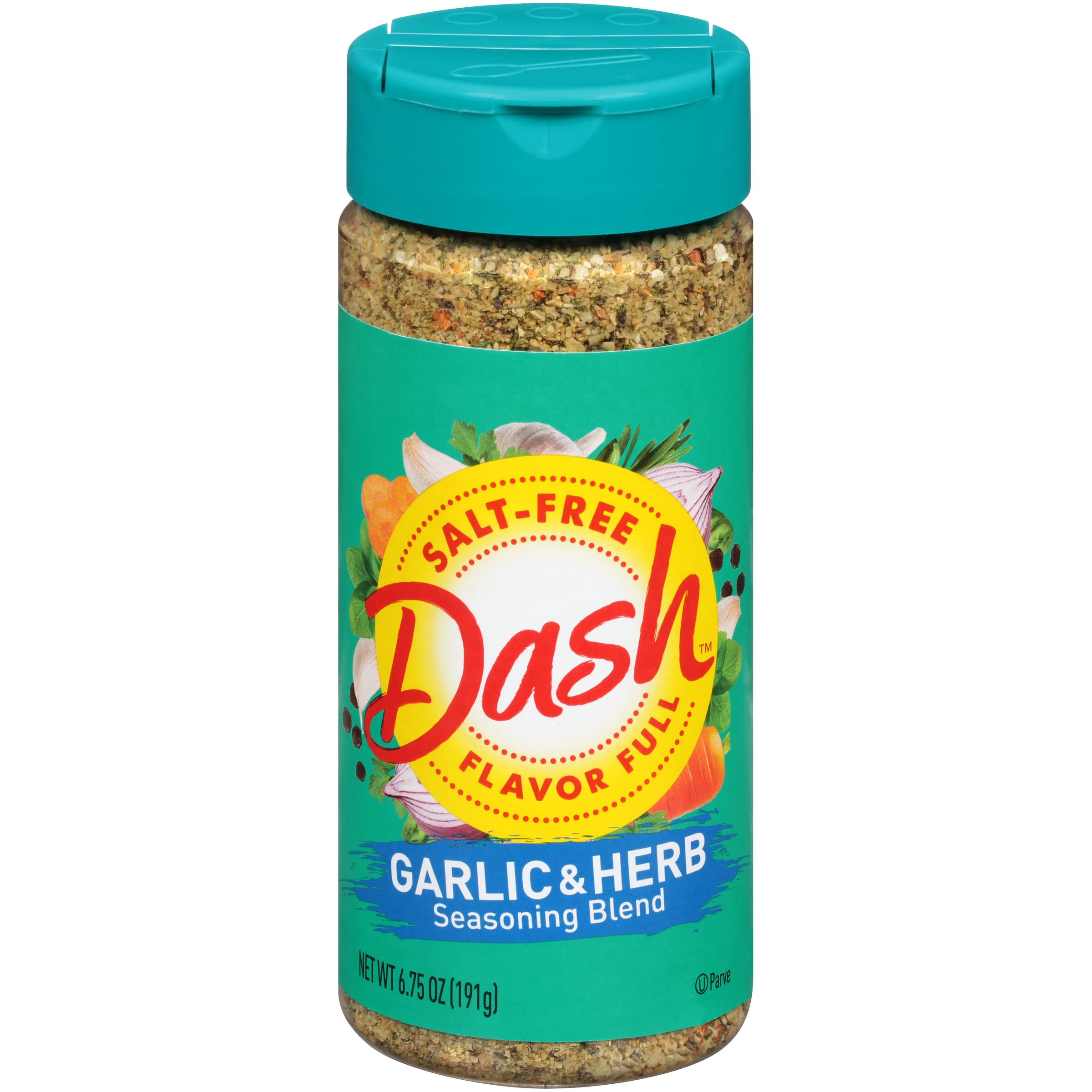 Mrs. Dash garlic herb salt-free seasoning bottle adds versatile flavor to meals.