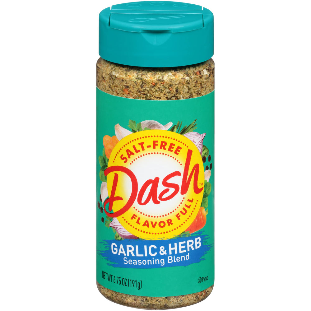 Mrs. Dash garlic herb salt-free seasoning bottle adds versatile flavor to meals.