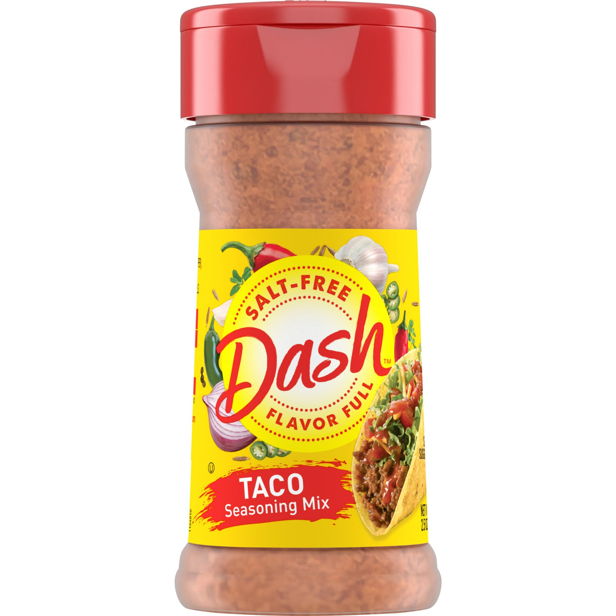 Mrs. Dash salt-free taco seasoning jar on counter adds bold flavor without salt.