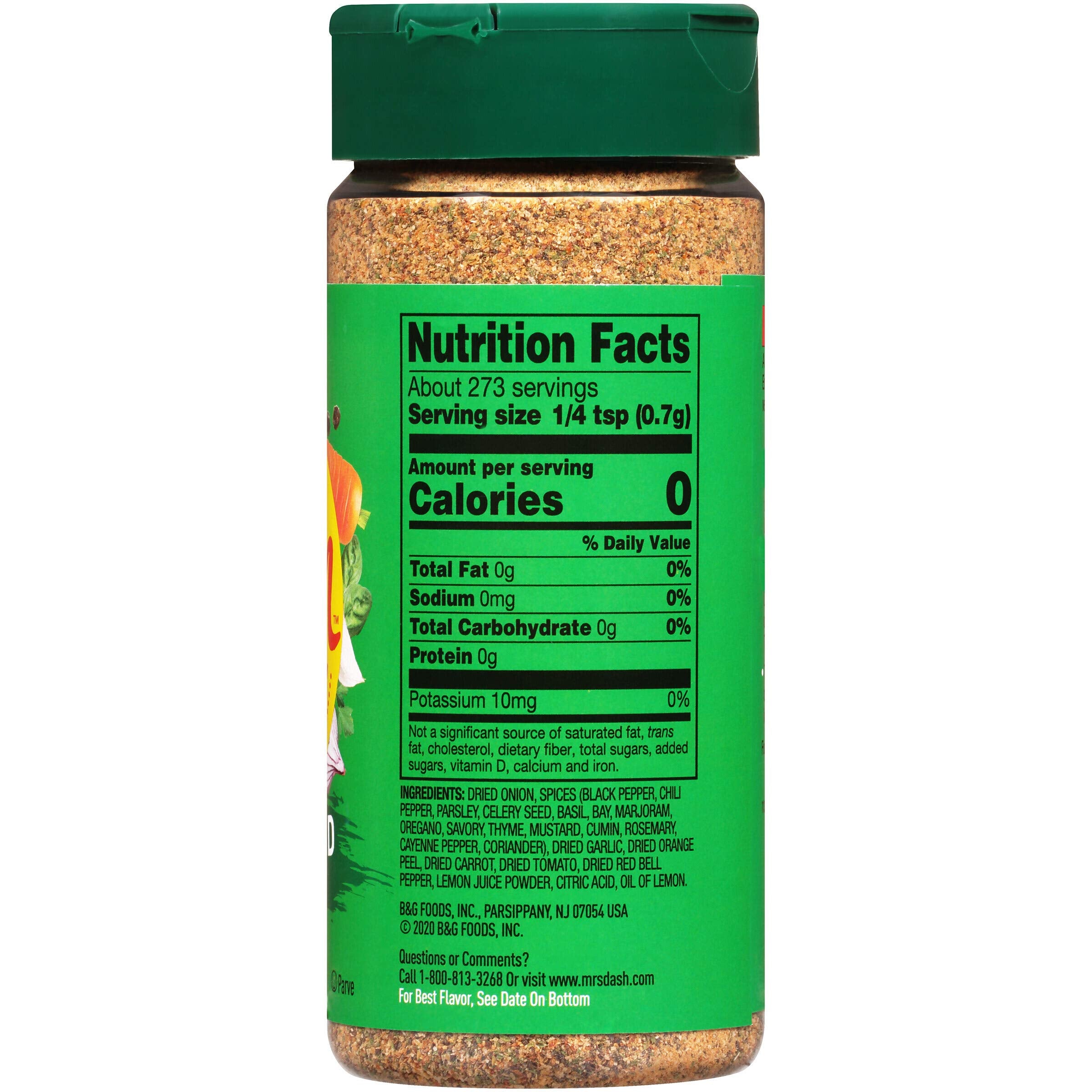 Mrs. Dash table blend ingredients close-up showing cayenne, garlic, orange peel for citrus-herb notes