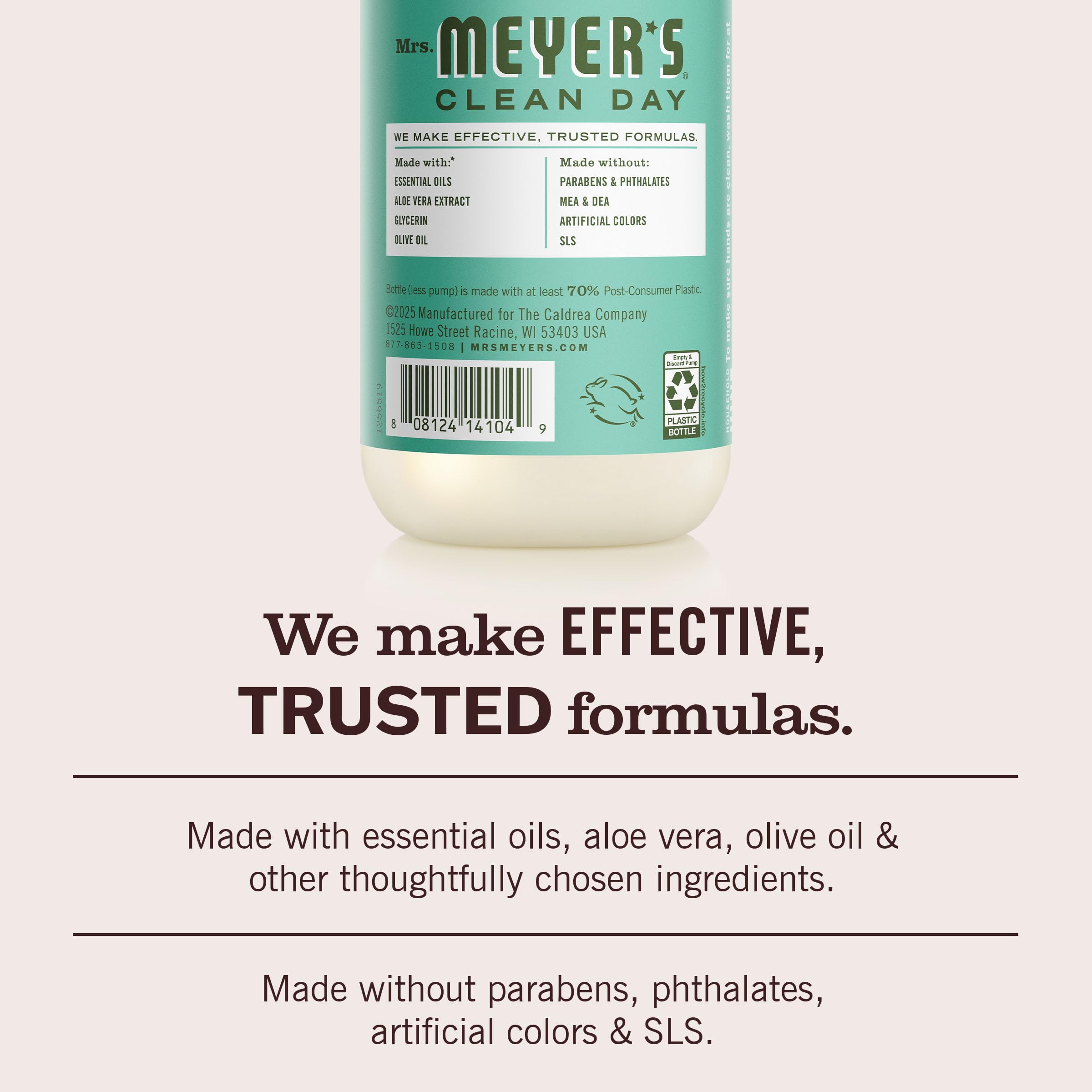 Basil leaves and ingredients hint on Mrs. Meyer's Basil Scent packaging.