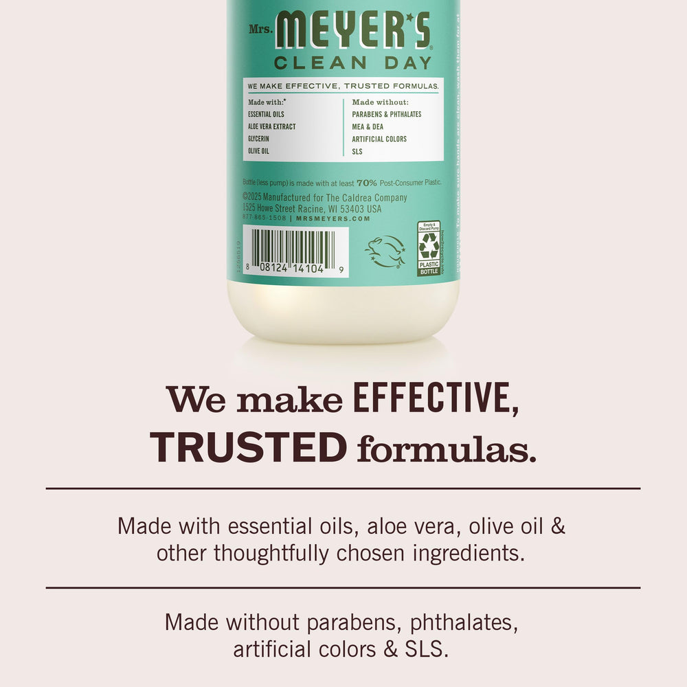 Basil leaves and ingredients hint on Mrs. Meyer's Basil Scent packaging.