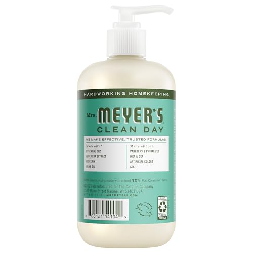Mrs. Meyer's Basil Scent label closeup with essential oils and cruelty-free promise.
