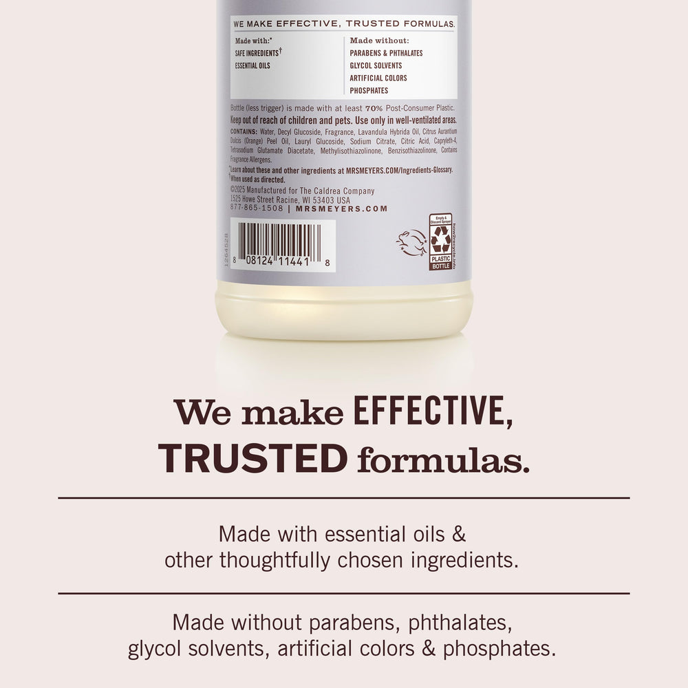 Countertop spray bottle from Mrs. Meyer's in lavender offers a streak-free finish.