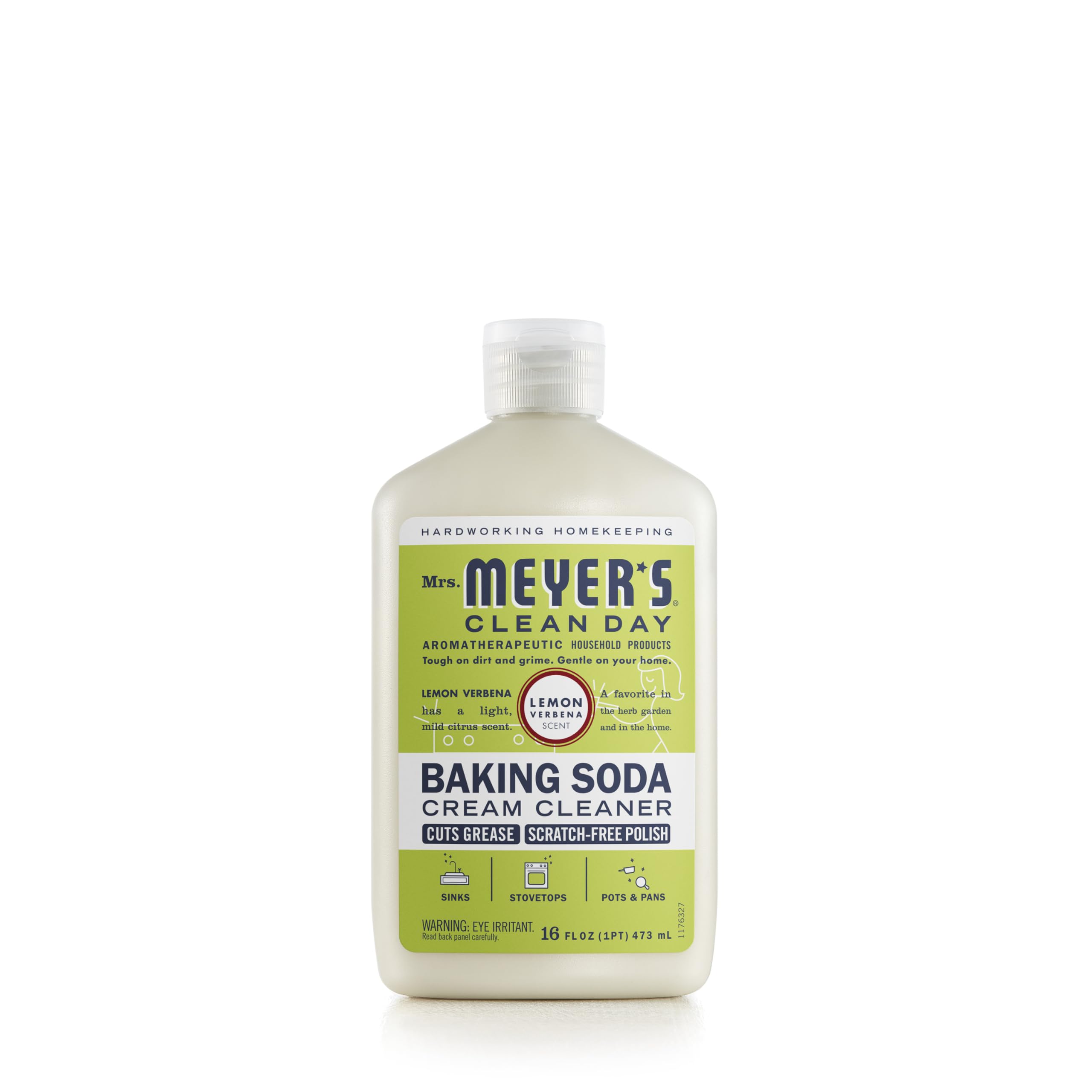 Mrs. Meyer's Clean Day baking soda cream cleaner bottle with lemon verbena scent for fresh kitchens.