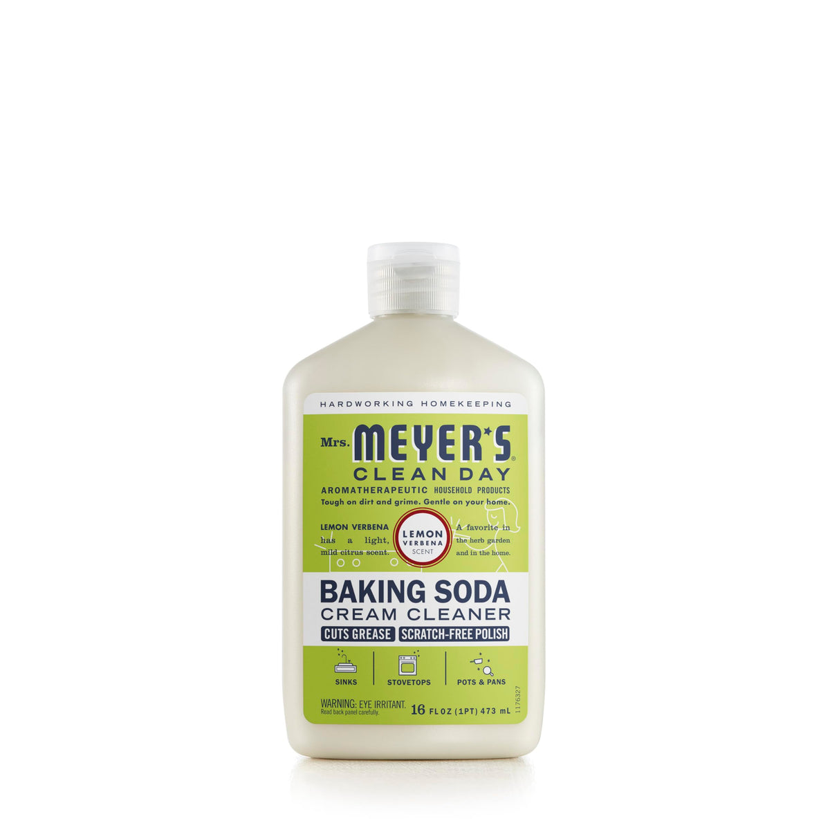 Mrs. Meyer's Clean Day baking soda cream cleaner bottle with lemon verbena scent for fresh kitchens.